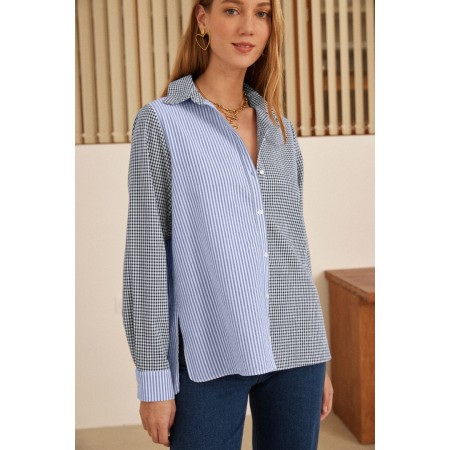 Chemise Pivoine vichy marine et rayures bleu ciel pas cheres