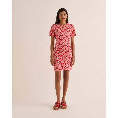 Robe Floréal imprimé flower party rouge et écru destockage