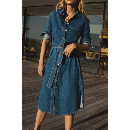 Brigitte denim blue midi dress chez Cornerstreet bien 