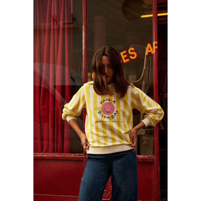 Sweat-shirt Anvers Bisous day rayures jaune Fin de série