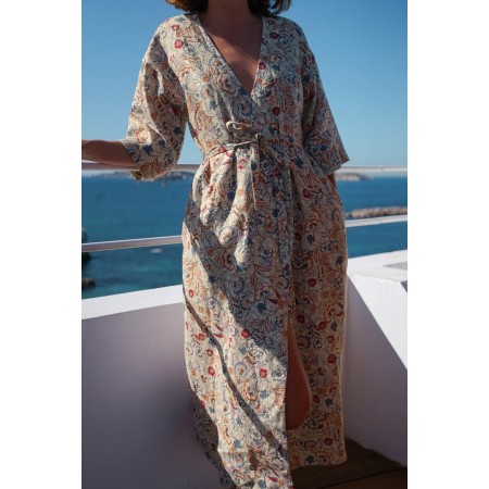 Kimono Familia dress with floral Indian print Véritable concentré