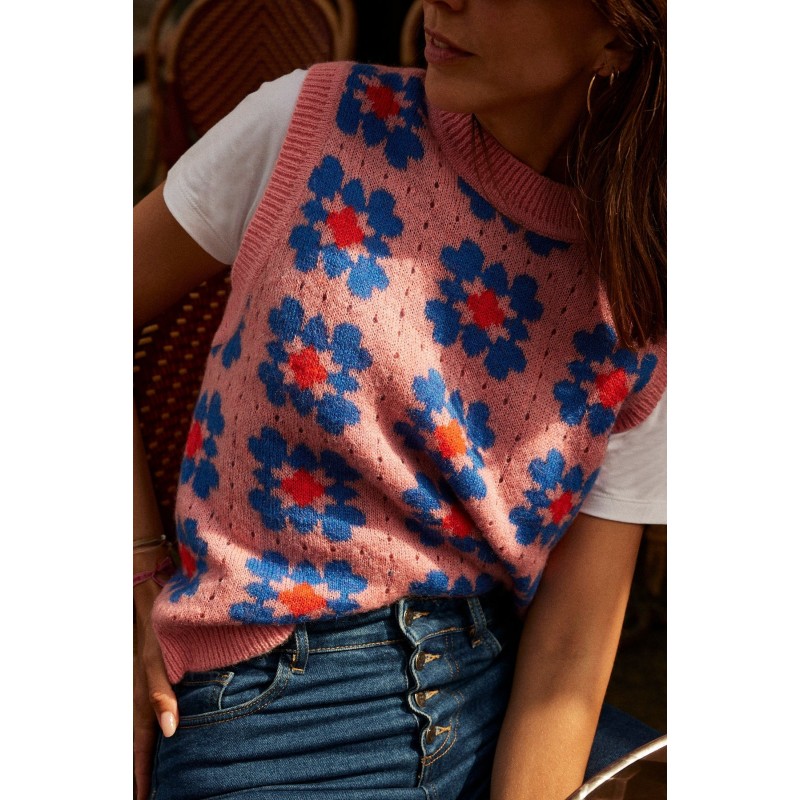 Pull Anémone rose, rouge et bleu brillant des détails fins