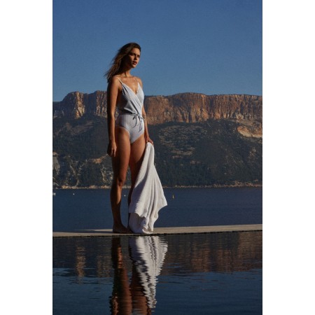 Roman swimsuit with sky blue and ecru stripes hantent personnes